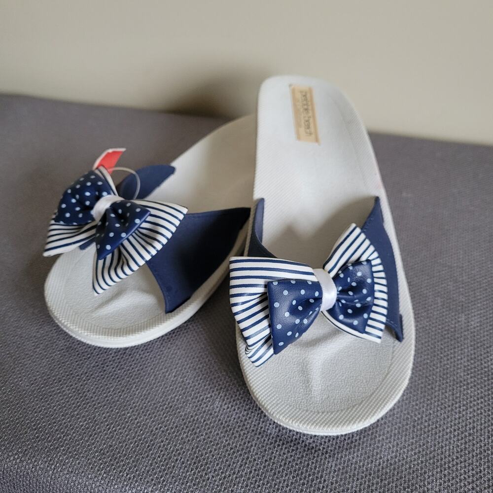 NWT Pebble Beach Size 6 Summer Slip On Open Toe Sandal Blue White Bow